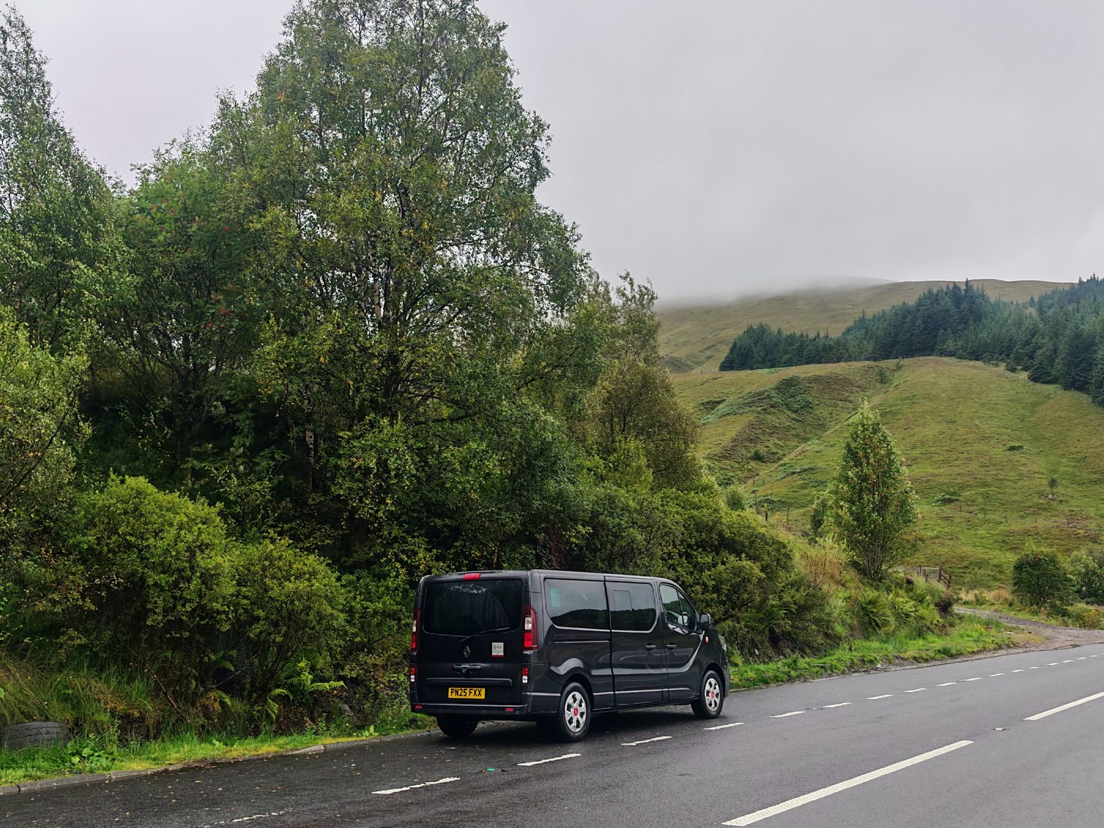 The Linktours minibus on the A82 north of Tyndrum, heading for Glencoe