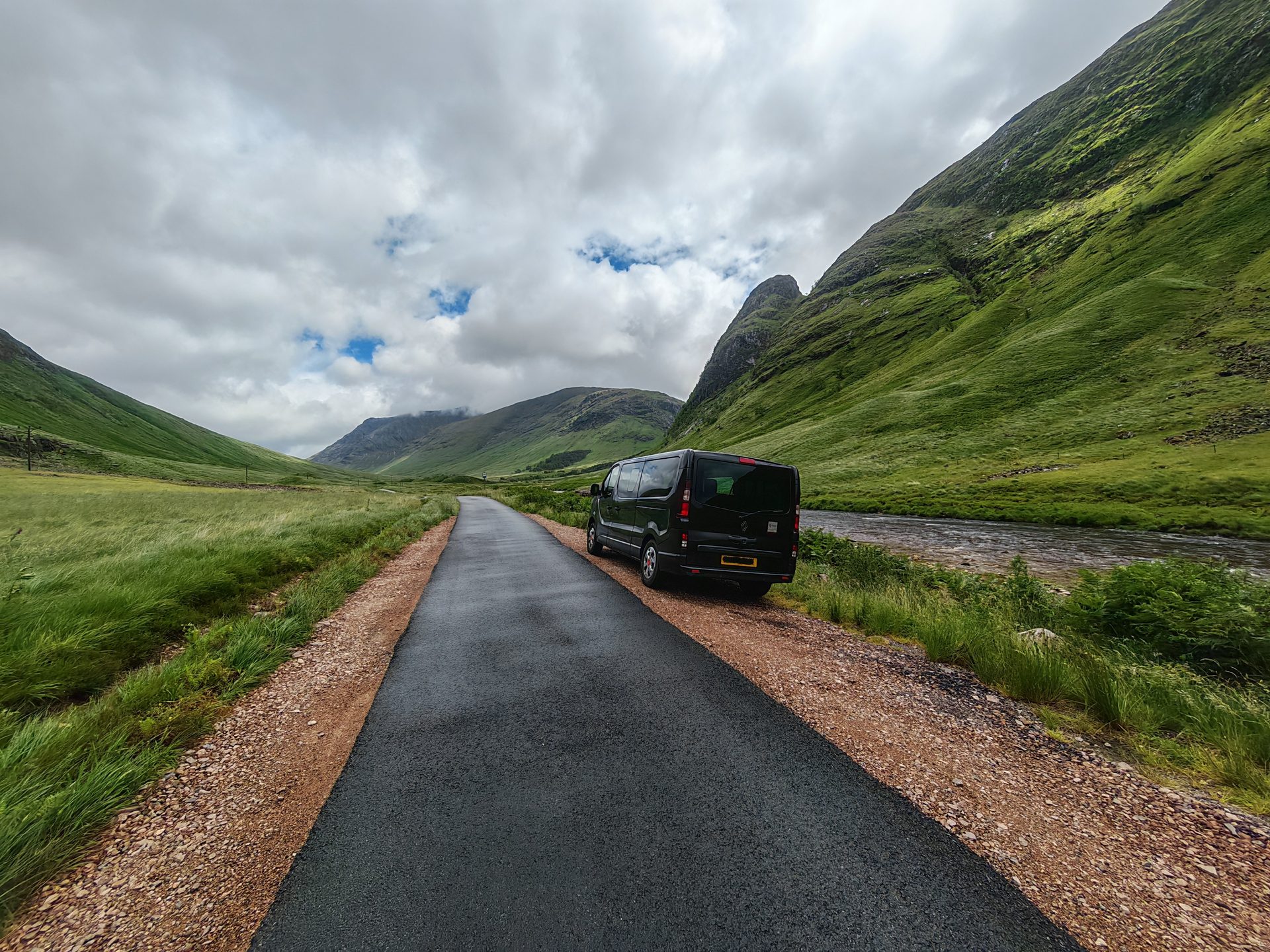 The Linktours minibus on the single-track road through Glen Etive